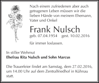 Traueranzeige von Frank Nulsch von WVG - Wochenspiegel Dessau / Köthen