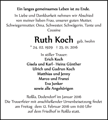 Traueranzeige von Ruth Koch von WVG - Wochenspiegel SGH