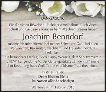 Traueranzeige von Joachim Benndorf von Mitteldeutsche Zeitung Weißenfels