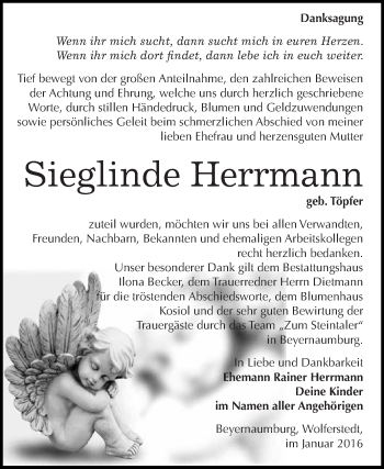 Traueranzeige von Sieglinde Herrmann von Super Sonntag SGH Mansf. Land