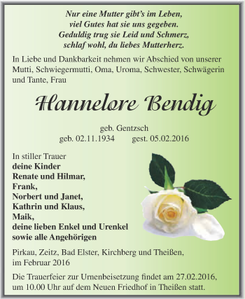 Traueranzeige von Hannelore Bendig von Super Sonntag Zeitz