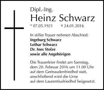 Traueranzeige von Heinz Schwarz von Mitteldeutsche Zeitung Bitterfeld