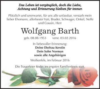 Traueranzeige von Wolfgang Barth von WVG - Wochenspiegel NMB / WSF / ZTZ
