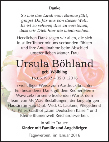 Traueranzeige von Ursula Böhland von Mitteldeutsche Zeitung Weißenfels