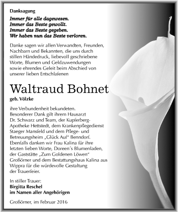 Traueranzeige von Waltraud Bohnet von Mitteldeutsche Zeitung Mansfelder Land