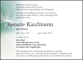 Traueranzeige von Renate Kaufmann von WVG - Wochenspiegel Bitterfeld