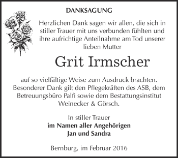 Traueranzeige von Grit Irmscher von Super Sonntag Bernburg