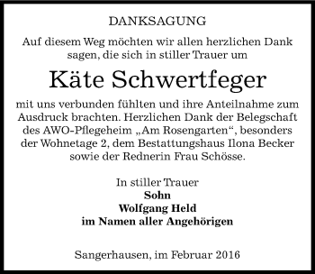 Traueranzeige von Käte Schwertfeger von Mitteldeutsche Zeitung Sangerhausen