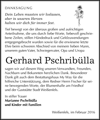 Traueranzeige von Gerhard Pschribülla von Mitteldeutsche Zeitung Weißenfels