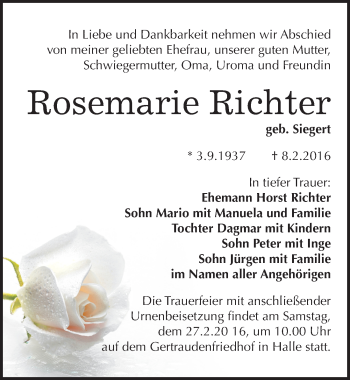 Traueranzeige von Rosemarie Richter von Mitteldeutsche Zeitung Halle/Saalkreis