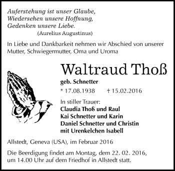 Traueranzeige von Waltraud Thoß von Mitteldeutsche Zeitung Sangerhausen