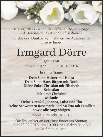 Traueranzeige von Irmgard Dörre von WVG - Wochenspiegel Wittenberg