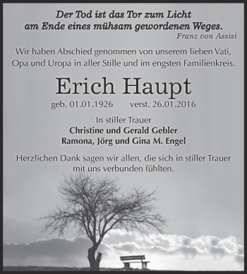 Traueranzeige von Erich Haupt von WVG - Wochenspiegel Dessau / Köthen