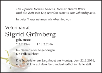 Traueranzeige von Sigrid Grünberg von Mitteldeutsche Zeitung Halle/Saalkreis