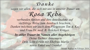 Traueranzeige von Rosa Rebs von WVG - Wochenspiegel Dessau / Köthen