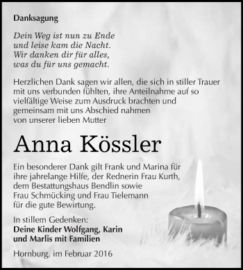 Traueranzeige von Anna Kössler von Super Sonntag SGH Mansf. Land