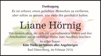 Traueranzeige von Liane Hörnig von WVG - Wochenspiegel Merseburg