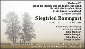 Traueranzeige von Siegfried Baumgart von Mitteldeutsche Zeitung Köthen