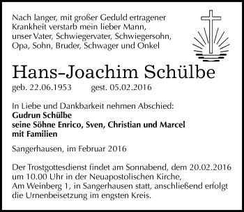 Traueranzeige von Hans-Joachim Schülbe von Mitteldeutsche Zeitung Sangerhausen