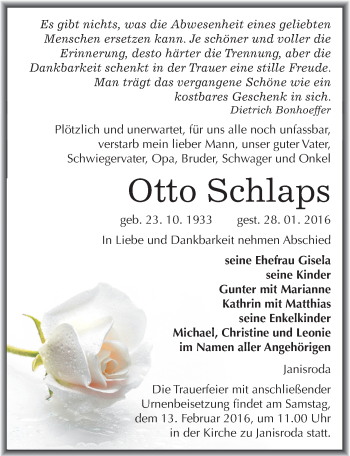 Traueranzeige von Otto Schlaps von Mitteldeutsche Zeitung Naumburg/Nebra