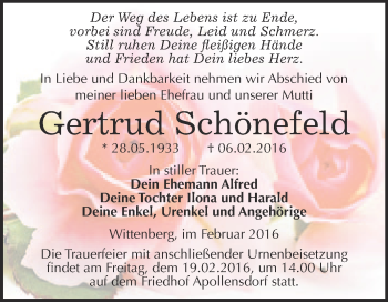 Traueranzeige von Gertrud Schönefeld von Super Sonntag Wittenberg