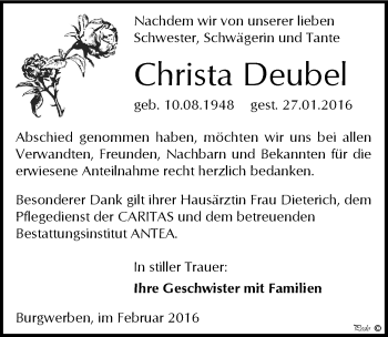 Traueranzeige von Christa Deubel von Mitteldeutsche Zeitung Weißenfels