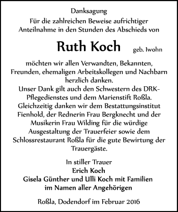 Traueranzeige von Ruth Koch von Mitteldeutsche Zeitung Sangerhausen