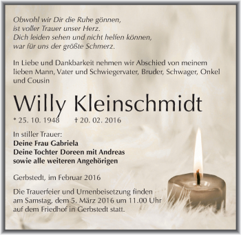 Traueranzeige von Willy Kleinschmidt von Mitteldeutsche Zeitung Mansfelder Land