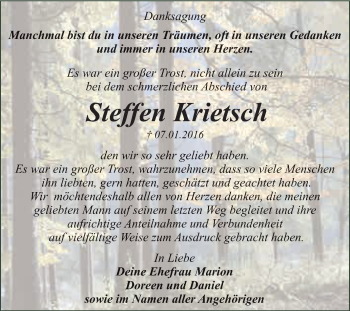 Traueranzeige von Steffen Krietsch von WVG - Wochenspiegel Dessau / Köthen