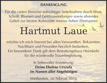 Traueranzeige von Hartmut Laue von WVG - Wochenspiegel NMB / WSF / ZTZ