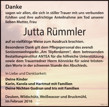 Traueranzeige von Jutta Rümmler von Mitteldeutsche Zeitung Weißenfels