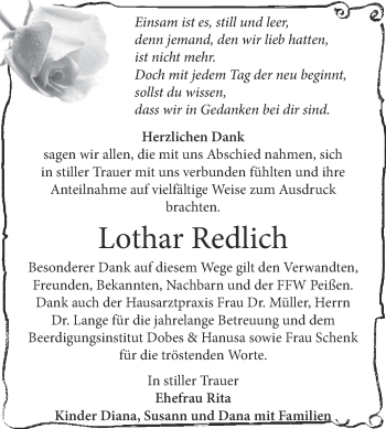 Traueranzeige von Lothar Redlich von Super Sonntag Bernburg