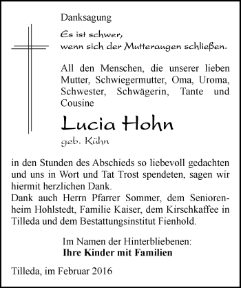 Traueranzeige von Lucia Hohn von Mitteldeutsche Zeitung Sangerhausen