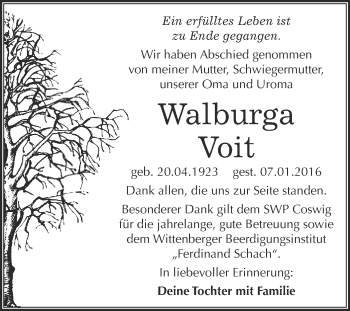 Traueranzeige von Walburga Voit von WVG - Wochenspiegel Wittenberg