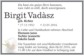 Traueranzeige von Birgit Vadàsz von Mitteldeutsche Zeitung Halle/Saalkreis