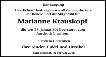 Traueranzeige von Marianne Krauskopf von Mitteldeutsche Zeitung Aschersleben