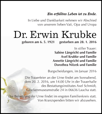 Traueranzeige von Erwin Krubke von WVG - Wochenspiegel NMB / WSF / ZTZ