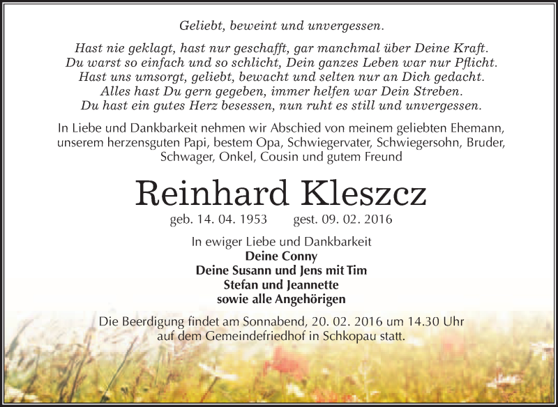  Traueranzeige für Reinhard Kleszcz vom 17.02.2016 aus WVG - Wochenspiegel Merseburg