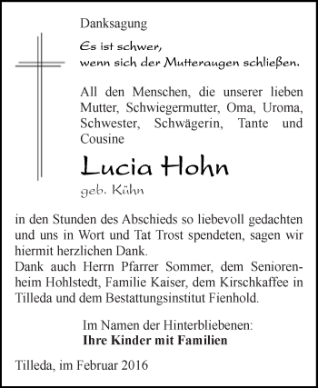Traueranzeige von Lucia Hohn von Super Sonntag SGH Mansf. Land