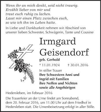 Traueranzeige von Irmgard Geisendorf von WVG - Wochenspiegel Quedlinburg