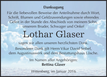 Traueranzeige von Lothar Glaser von WVG - Wochenspiegel Wittenberg