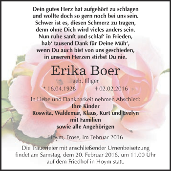 Traueranzeige von Erika Boer von WVG - Wochenspiegel Aschersleben