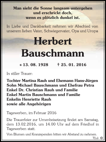 Traueranzeige von Herbert Bauschmann von WVG - Wochenspiegel NMB / WSF / ZTZ