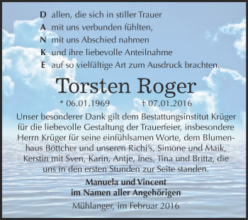 Traueranzeige von Torsten Roger von WVG - Wochenspiegel Wittenberg