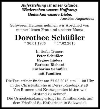 Traueranzeige von Dorothee Schüßler von Mitteldeutsche Zeitung Dessau-Roßlau