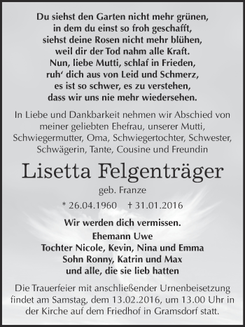 Traueranzeige von Lisetta Felgenträger von Super Sonntag Bernburg