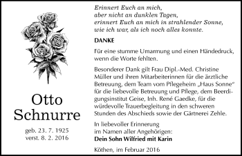 Traueranzeige von Otto Schnurre von Mitteldeutsche Zeitung Köthen