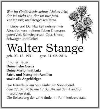 Traueranzeige von Walter Stange von Mitteldeutsche Zeitung Merseburg/Querfurt