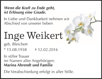 Traueranzeige von Inge Weikert von Super Sonntag Quedlinburg