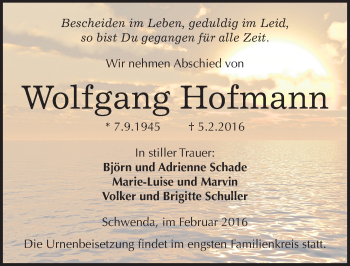 Traueranzeige von Wolfgang Hofmann von Mitteldeutsche Zeitung Sangerhausen
